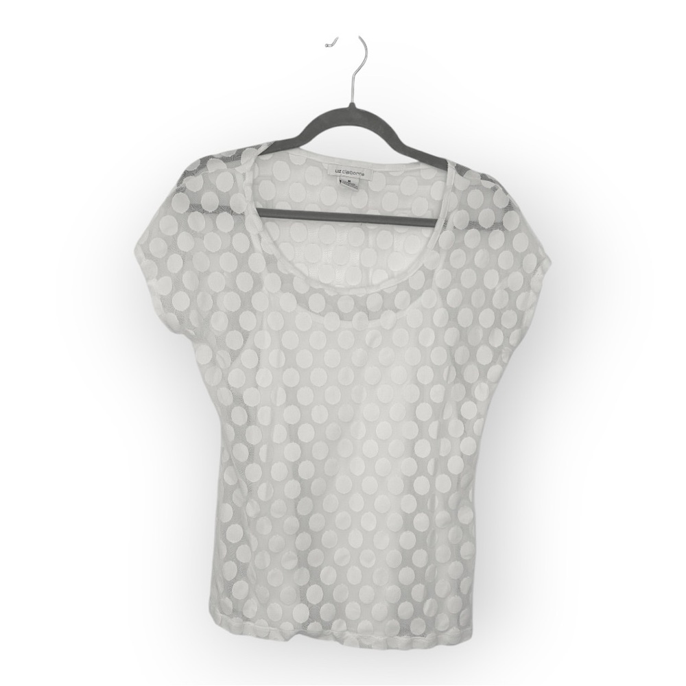 Liz Claiborne White Polka Dot Mesh Overlay Sheer Blouse Preppy Classic Medium